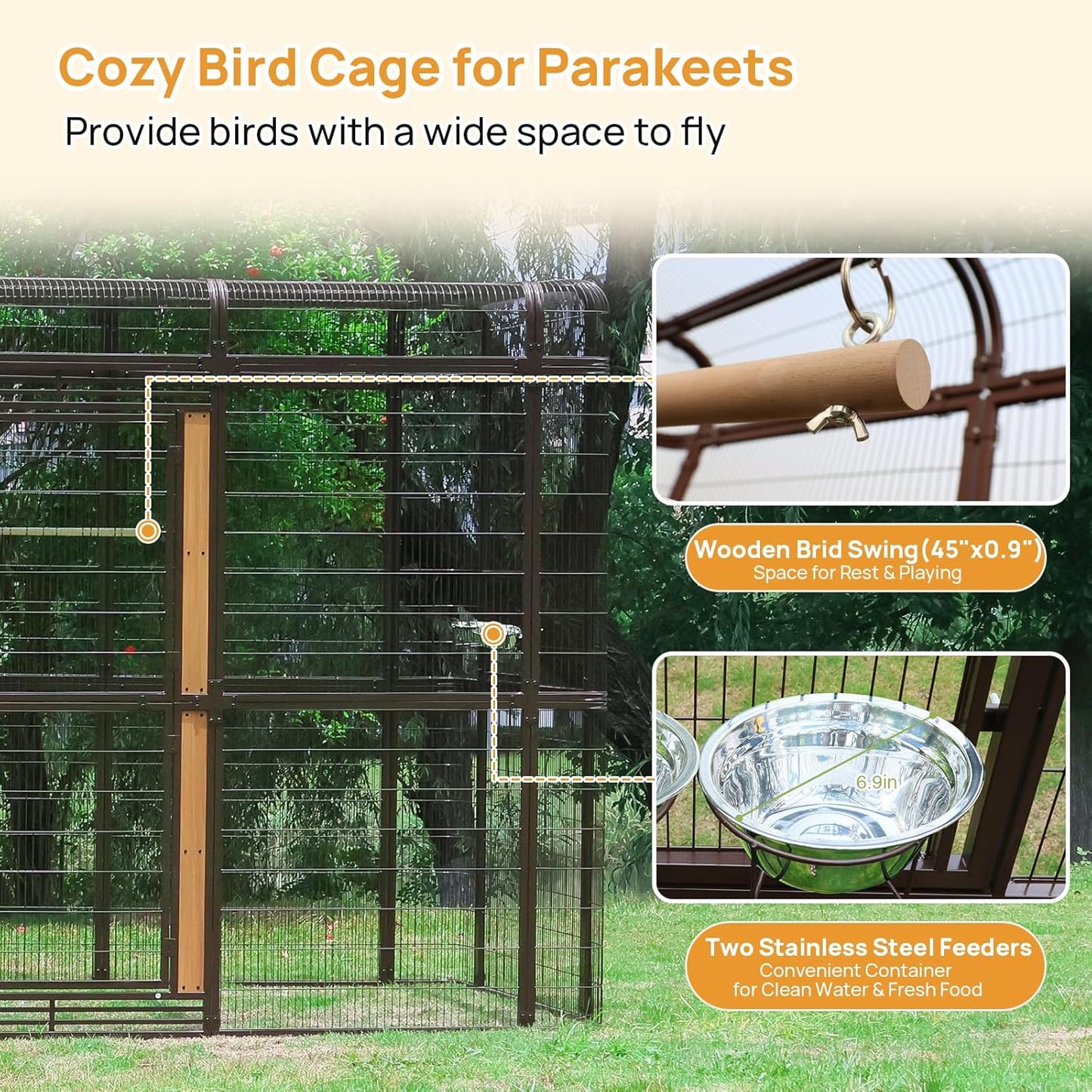 Large Bird Cage for Parakeets Outdoor Bird Aviary Parrot Cage with Perch, Walk-in Heavy Duty Birdcage for Macaws Canaries Parrots Budgie Lovebirds, Brown