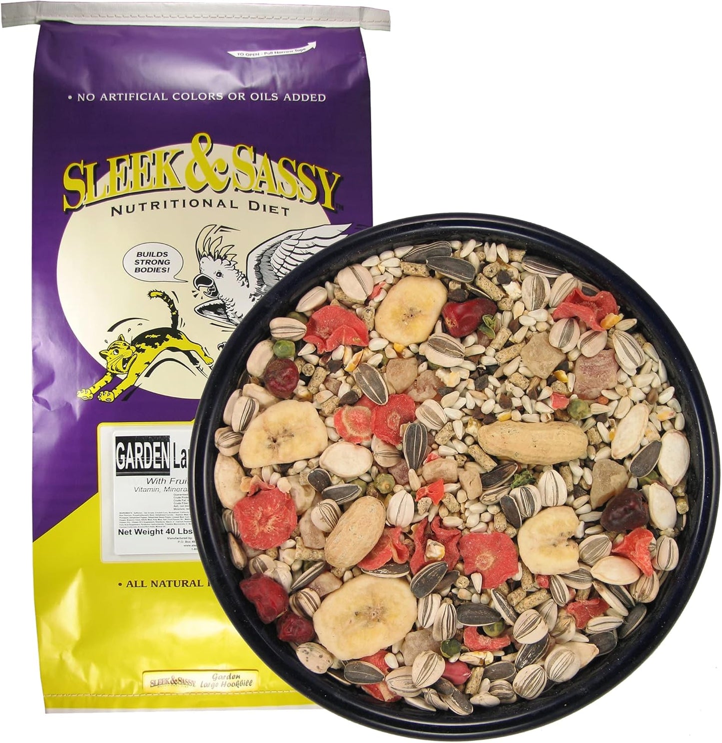 SLEEK & SASSY Garden Large Hookbill Parrot Food for Large Conures, Amazons, African Greys, Cockatoos, Pionus-Parrots & Small Macaws (40 lbs.)