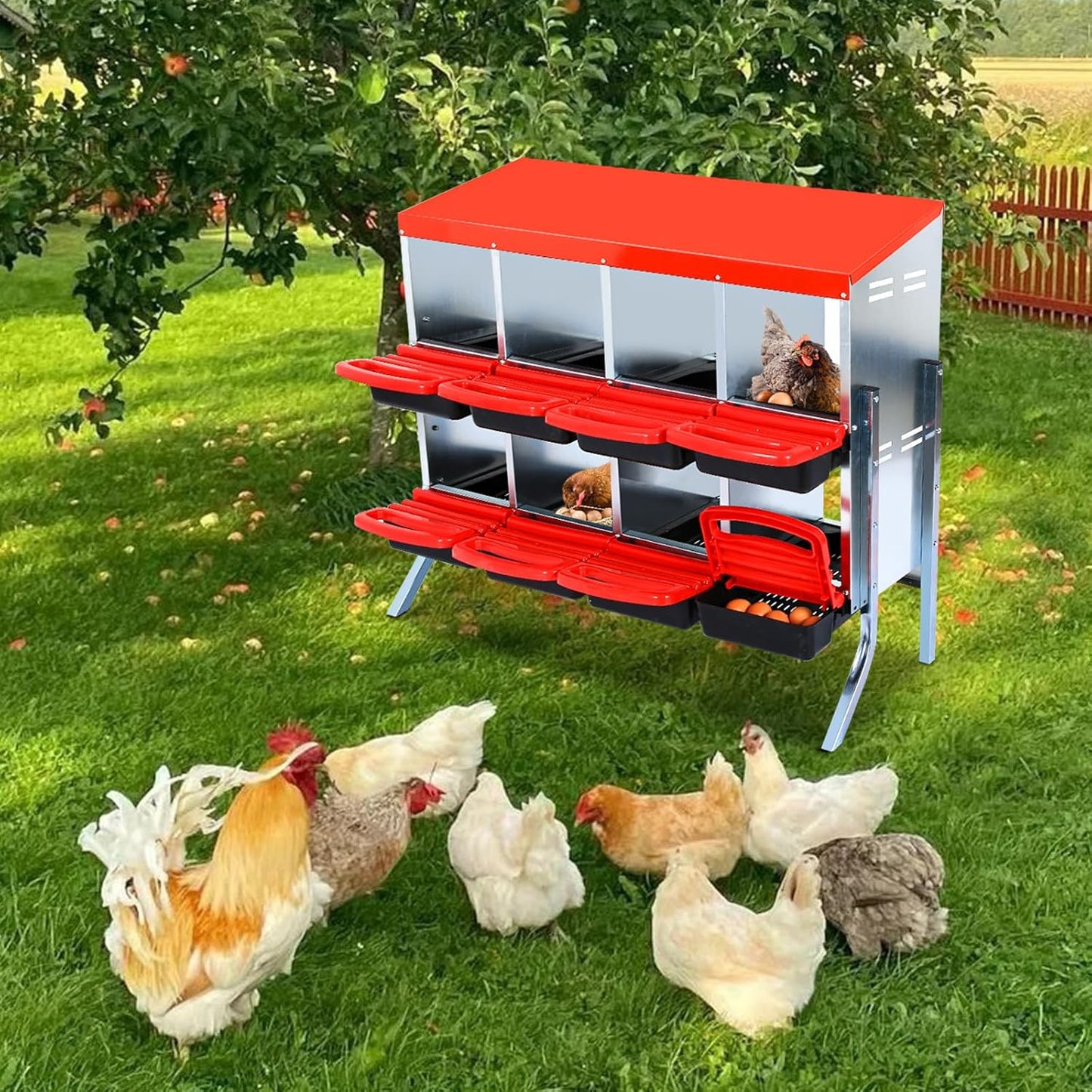 Nesting Boxes for Chickens, Chickens Laying Boxes for Chicken Coop with Legs, 8 Compartments Chicken Nesting Boxes, with Removable Tray, Easy Cleaning, for Hens Outdoor Chicken Coop Farm Yard, Red