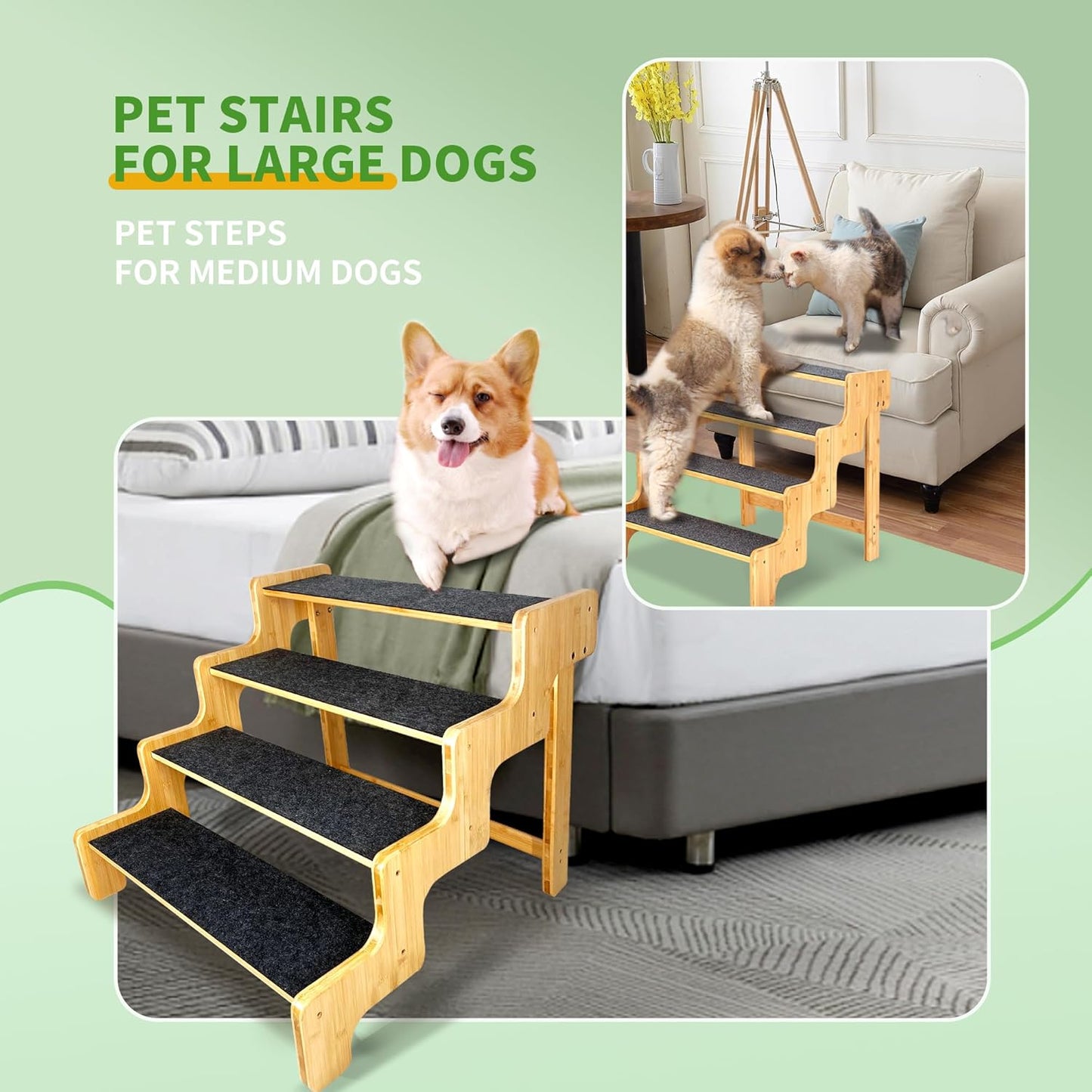 Dog Stairs for Small Dogs,3-Step Bamboo Wooden Dog/Pet/Cat Steps Ramp for Couch Sofa,Bed and Car, Can Support Weighing Up to 160 LB,