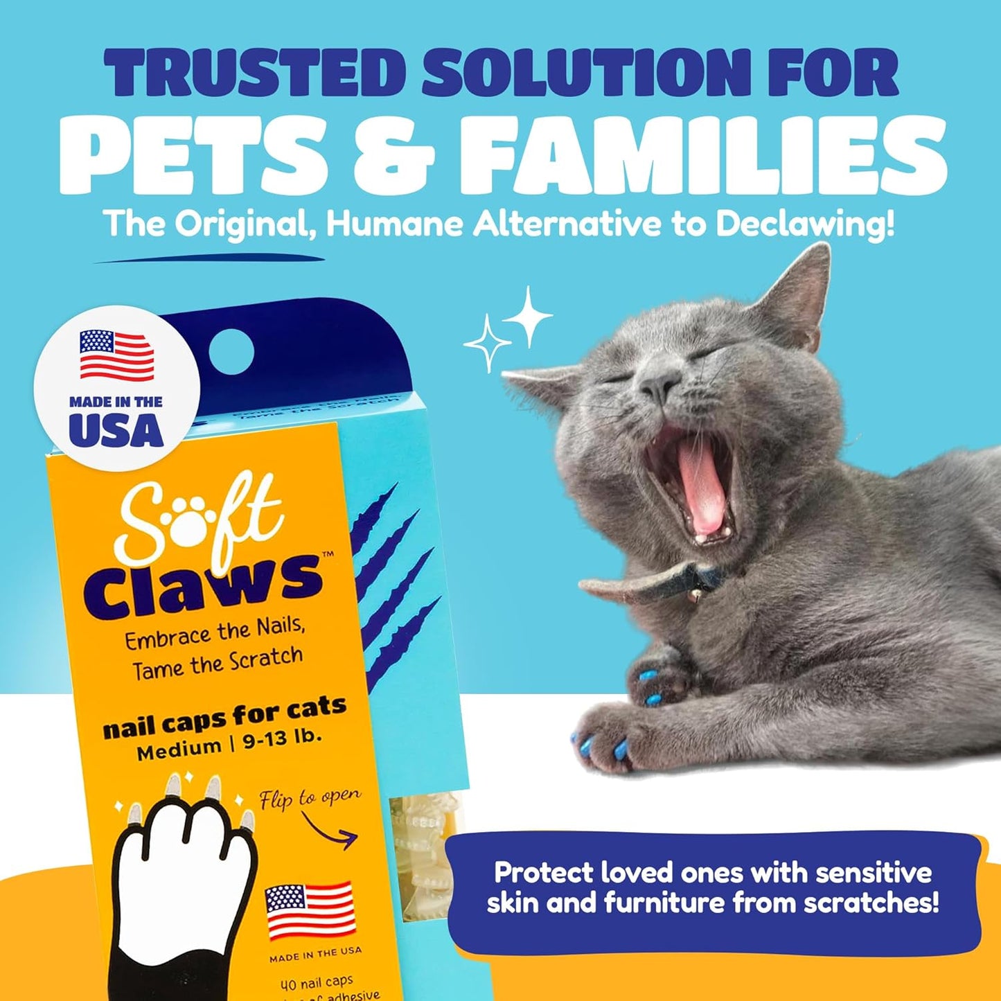 Soft Claws Cat Nail Caps for Medium Cats – (40 Caps, Blue & Silver) - Made in USA - Veterinarian-Developed | Protects Furniture & Skin - Easy to Apply, Long-Lasting Anti-Scratch Soft Cat Claw Covers