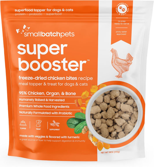 Smallbatch Freeze Dried Dog Treats, Superfood Food Topper Chicken Bites for Dogs & Cats, Probiotics, Organic Ingredients, High Protein, Grain Free Healthy Treat Food Topper, Made in the USA, 18 oz Bag