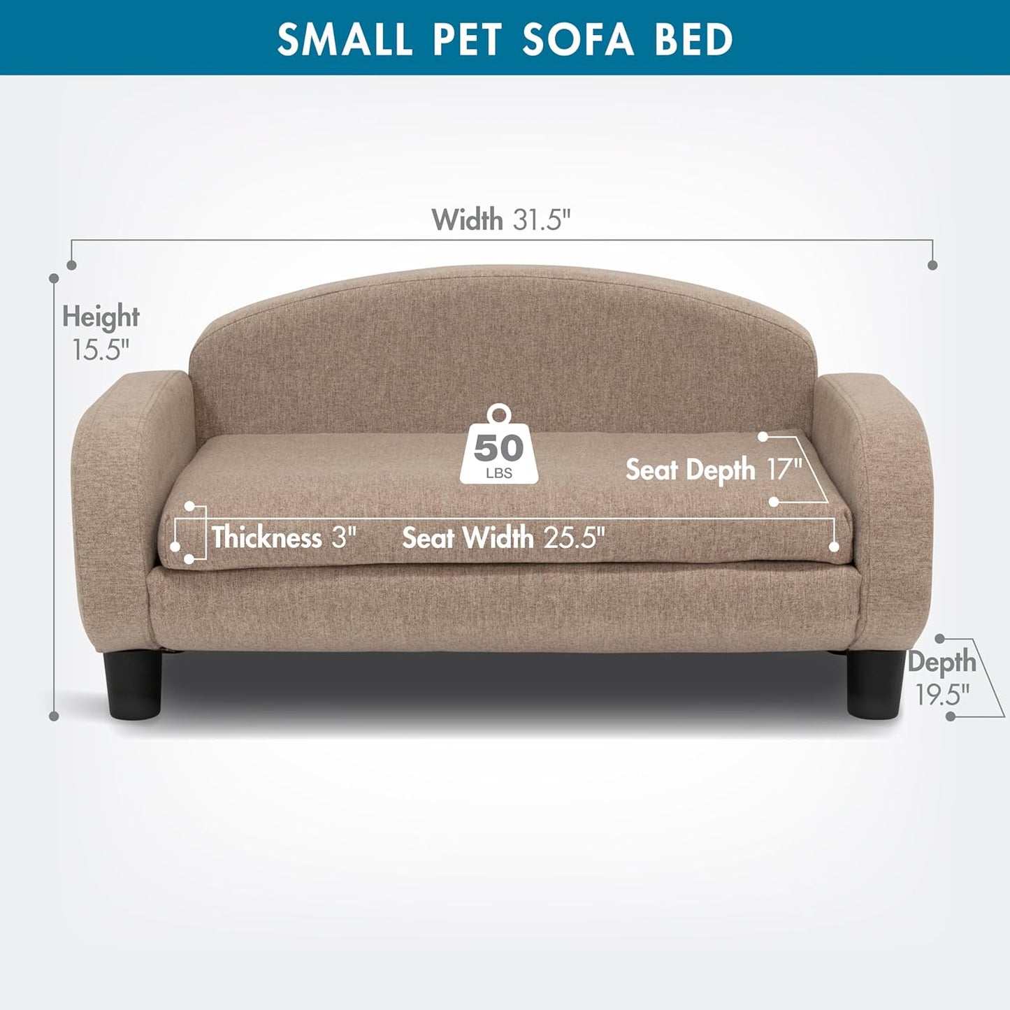 Paws & Purrs Cat Sofa Bed, Pet Couch for Indoor Cats Elevated Cat Beds with Removable Washable Mattress Cover for Kitten, Puppy or Small Animal- 31.5" Wide, Sand