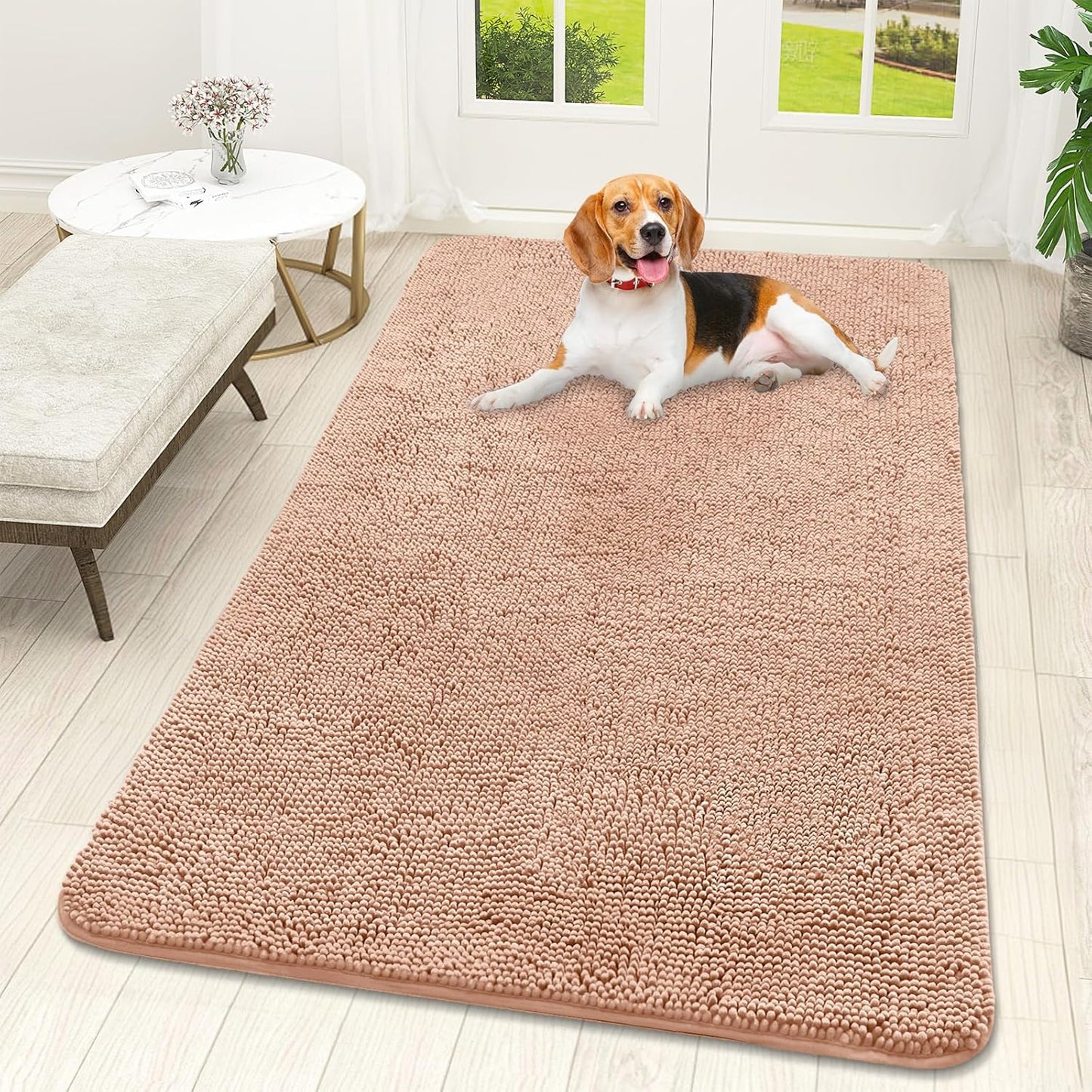 OLANLY Dog Door Mat for Muddy Paws 59x32, Absorbs Moisture and Dirt, Absorbent Non-Slip Washable Doormat, Quick Dry Chenille Mud Mat for Dogs, Entry Indoor Entryway Carpet for Inside Floor, Peach
