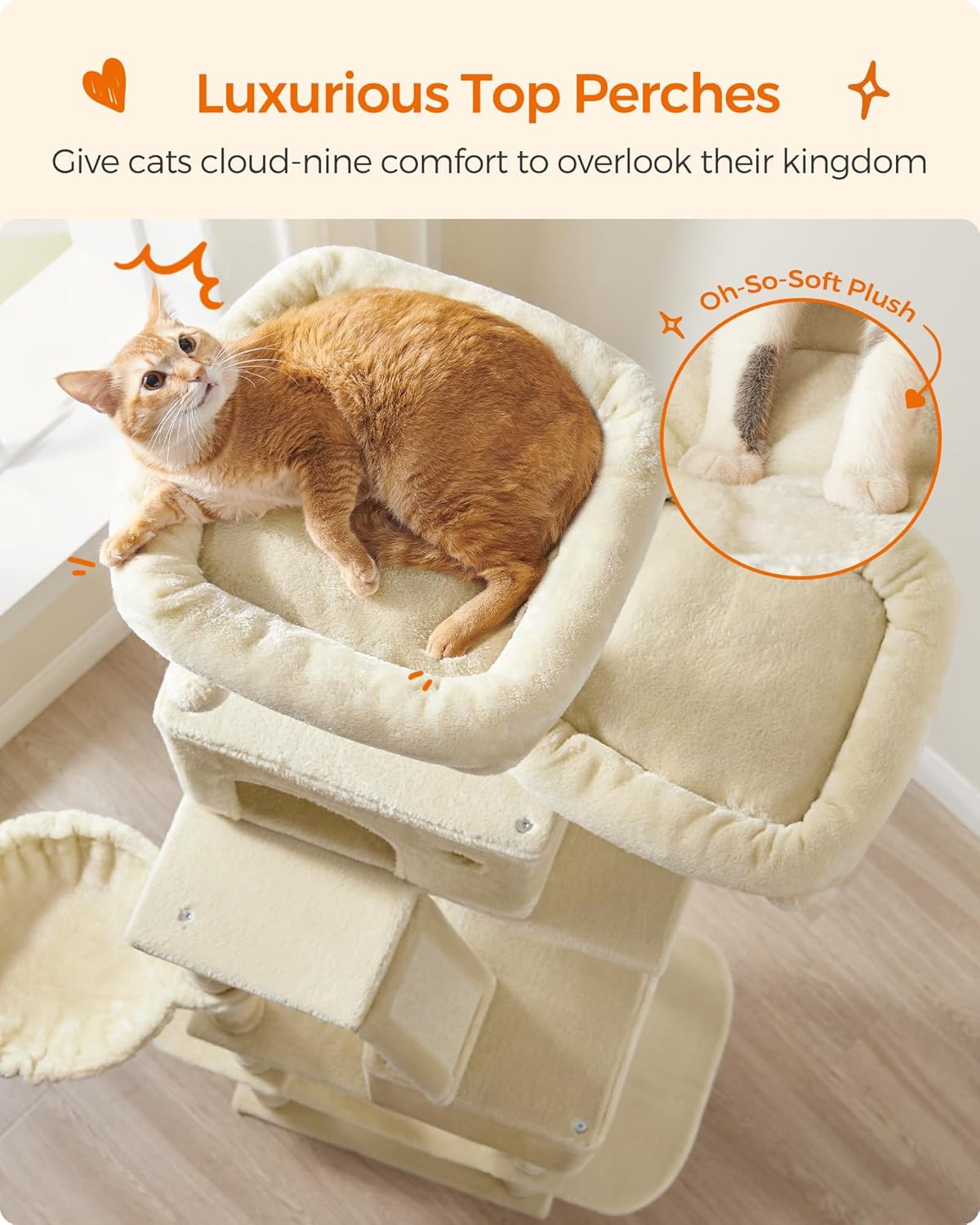 Feandrea Cat Tree, 81.1-Inch Large Cat Tower with 13 Scratching Posts, 2 Perches, 2 Caves, Basket, Hammock, Pompoms, Multi-Level Plush Cat Condo for Indoor Cats, Beige UPCT190M01