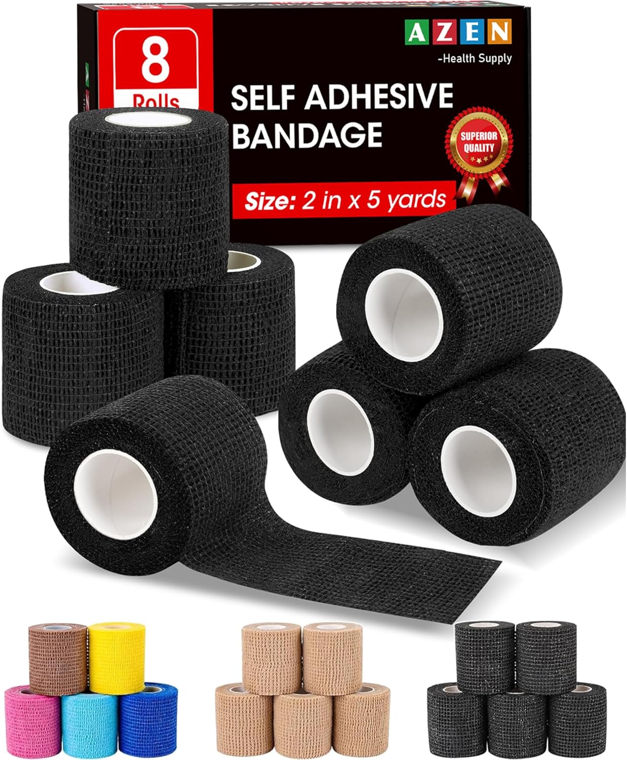 AZEN 8 Pack Self Adhesive Bandage Wrap, 2" X 5 Yards Elastic Cohesive Bandage Wrap, Black Athletic Tape, Vet Wrap, Ankle Tape, Tattoo Grip Tape Wrap