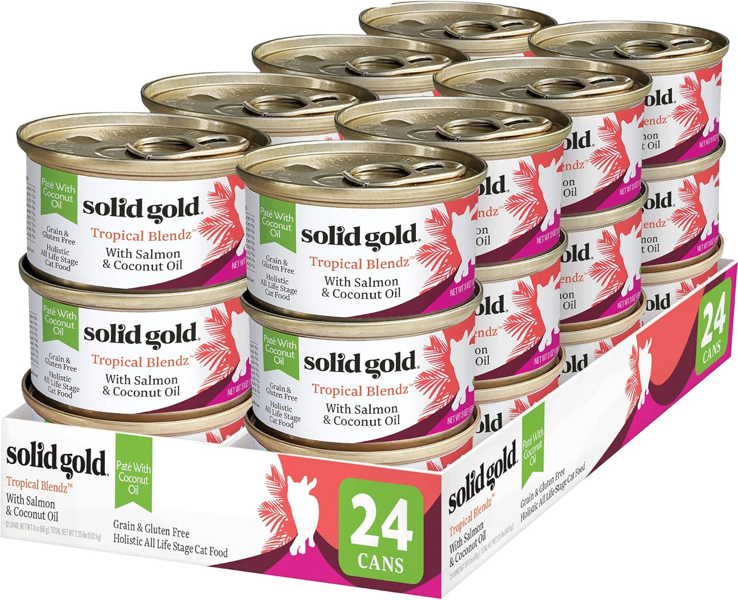 Solid Gold Wet Cat Food Pate in Coconut Oil - Healthy Canned Cat Food Pate w/Real Salmon, Omega Fatty Acids, Vitamins & Minerals - Grain Free & Gluten Free Canned Meals for Cats & Kittens - 24ct/3oz