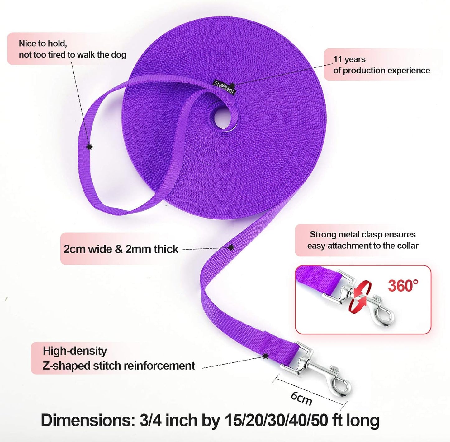 Dog/Puppy Obedience Recall Training Agility Lead -15ft 20ft 30ft 40ft 50ft Training Leash - Great for Play, Camping, or Backyard - Purple 50ft