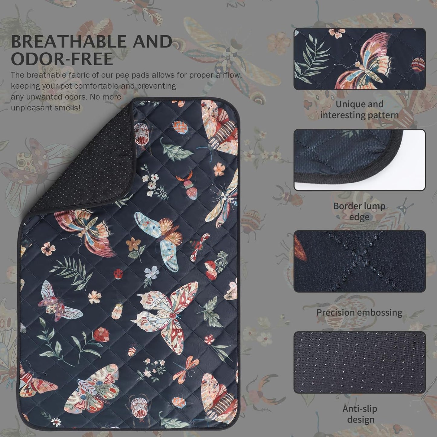 IEUUMLER Washable Pee Pads for Dogs, 2 Pack Insect Pattern Reusable Waterproof Puppy Potty Pads, Non-Slip Absorbent Pet Training Pads for Playpen Crate Bed EU014