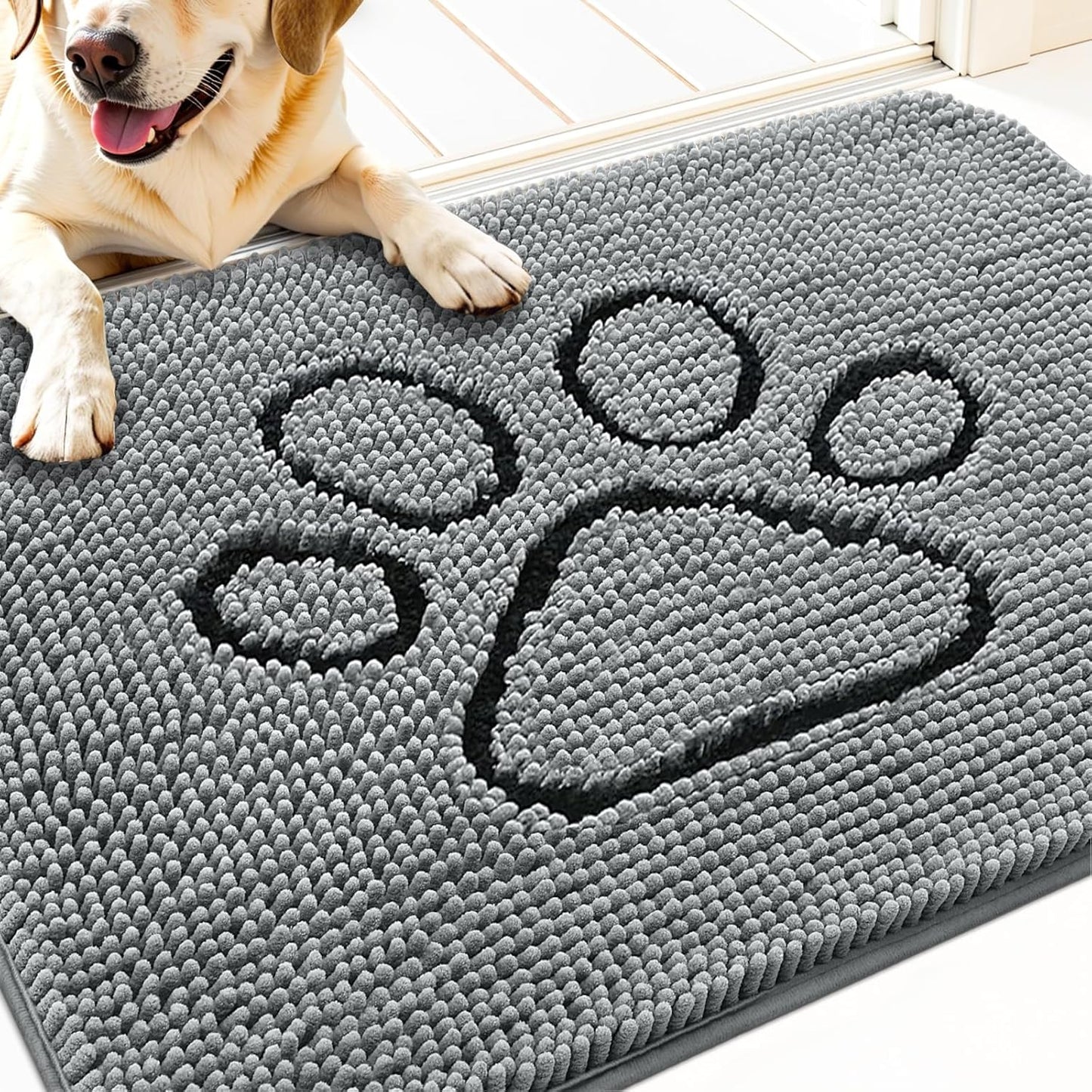 OLANLY Door Mat for Muddy Dog Paws 30x20, Ultra Absorbent Chenille Mud Doormat with Paw Print Design, Non-Slip Washable Doormat for Indoor Entryway, Quick-Dry Pet Bed Mats for Dirty Dogs, Grey