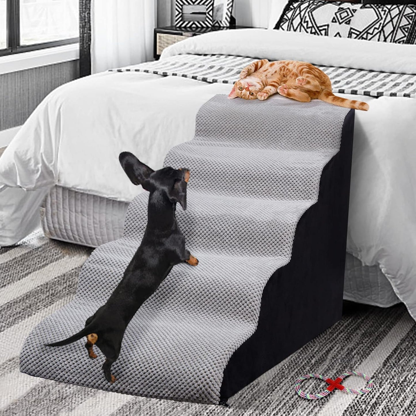 Dog Steps&Stairs for High Beds 24.4 inches High Up to 24-28 inches Bed, Tall Extra Wide Pet Stairs/Steps for High Bedsides,Non-Slip Dog Ramps for Small Older Dogs/Cats(Grey)