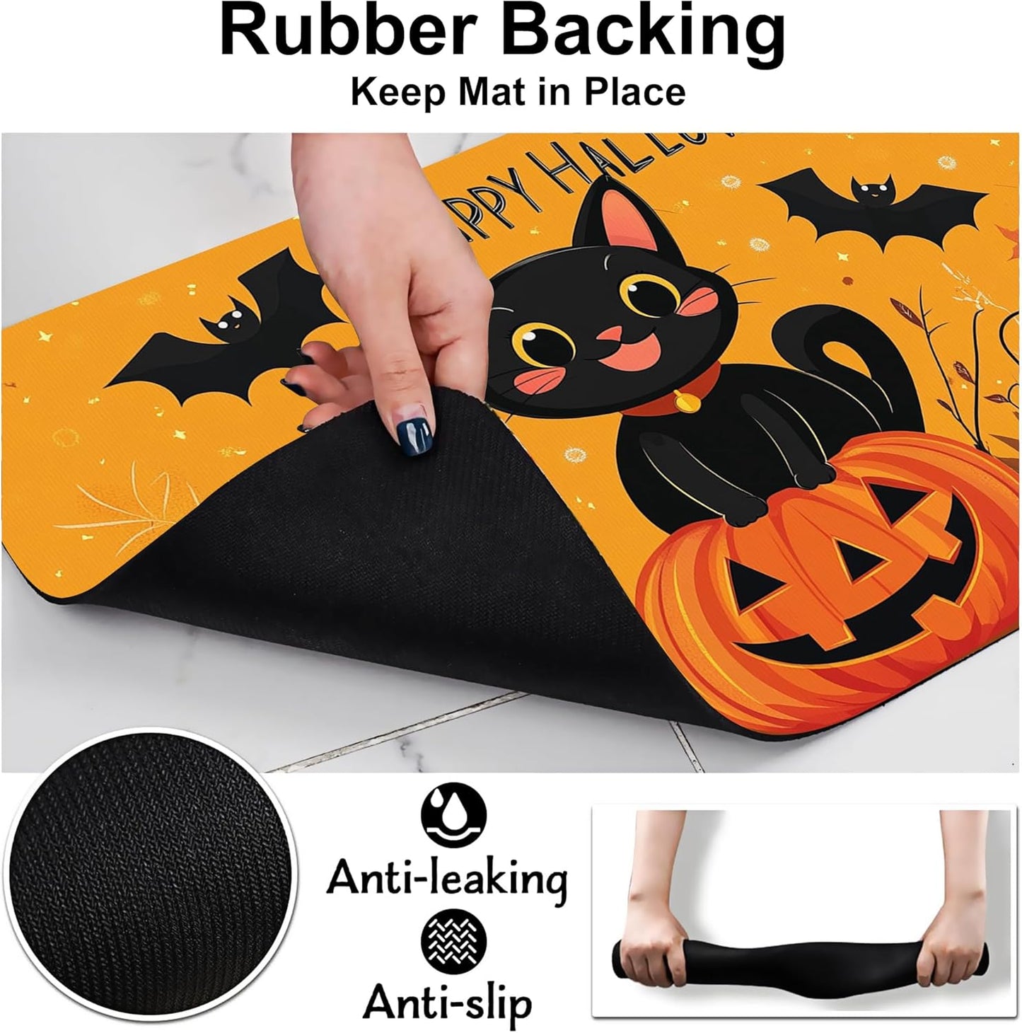 Happy Halloween Cat Pet Feeding Mat for Floors-Absorbent Dog Bowl Mat for Food and Water, Quick Dry Pet Cat Feeding Mats with Non Slip Bottom, Mess-Free Dog Accessories 16"x24"