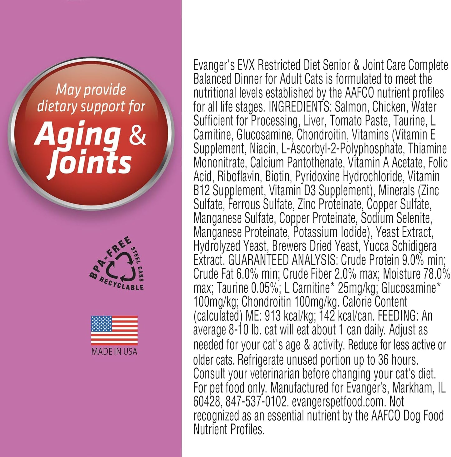 Evanger’s EVX Restricted Diet Senior and Joint Health Canned Cat Food – 24 Count, 5.5 oz Cans Each – Salmon with Taurine, L Carnitine, Glucosamine & Chondroitin – Grain Free Pâté Style
