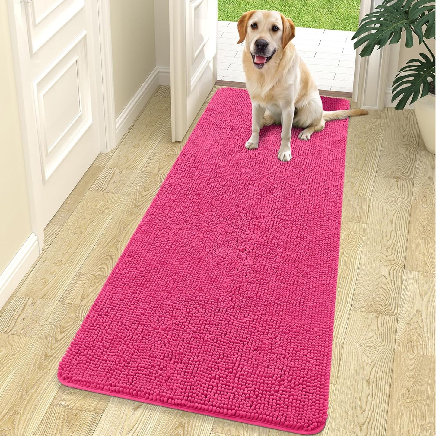 OLANLY Dog Door Mat for Muddy Paws 70x24, Absorbs Moisture and Dirt, Absorbent Non-Slip Washable Doormat, Quick Dry Chenille Mud Mat for Dogs, Entry Indoor Entryway Carpet for Inside Floor, Hot Pink