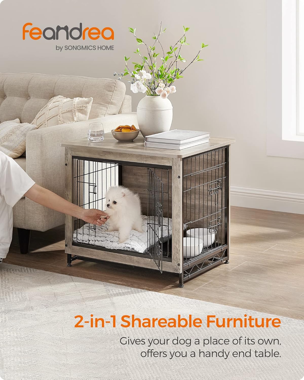 Feandrea Dog Crate Furniture, 27.2" Side End Table, Modern Kennel for Dogs Indoor up to 30 lb, Heavy-Duty Dog Cage with Multi-Purpose Removable Tray, Double-Door Dog House, Greige UPFC001G01