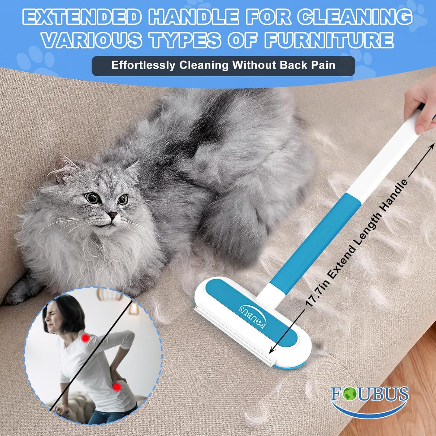 Multifunctional Pet Hair Remover Tool, 4 in 1-Reusable Washable Long Handle Dog&Cat Fur Hair Remover for Furniture,Carpet,Couch,Clothes,Bedding,Car,Window,Better Than Lint Rollers, with 2 Scrapers