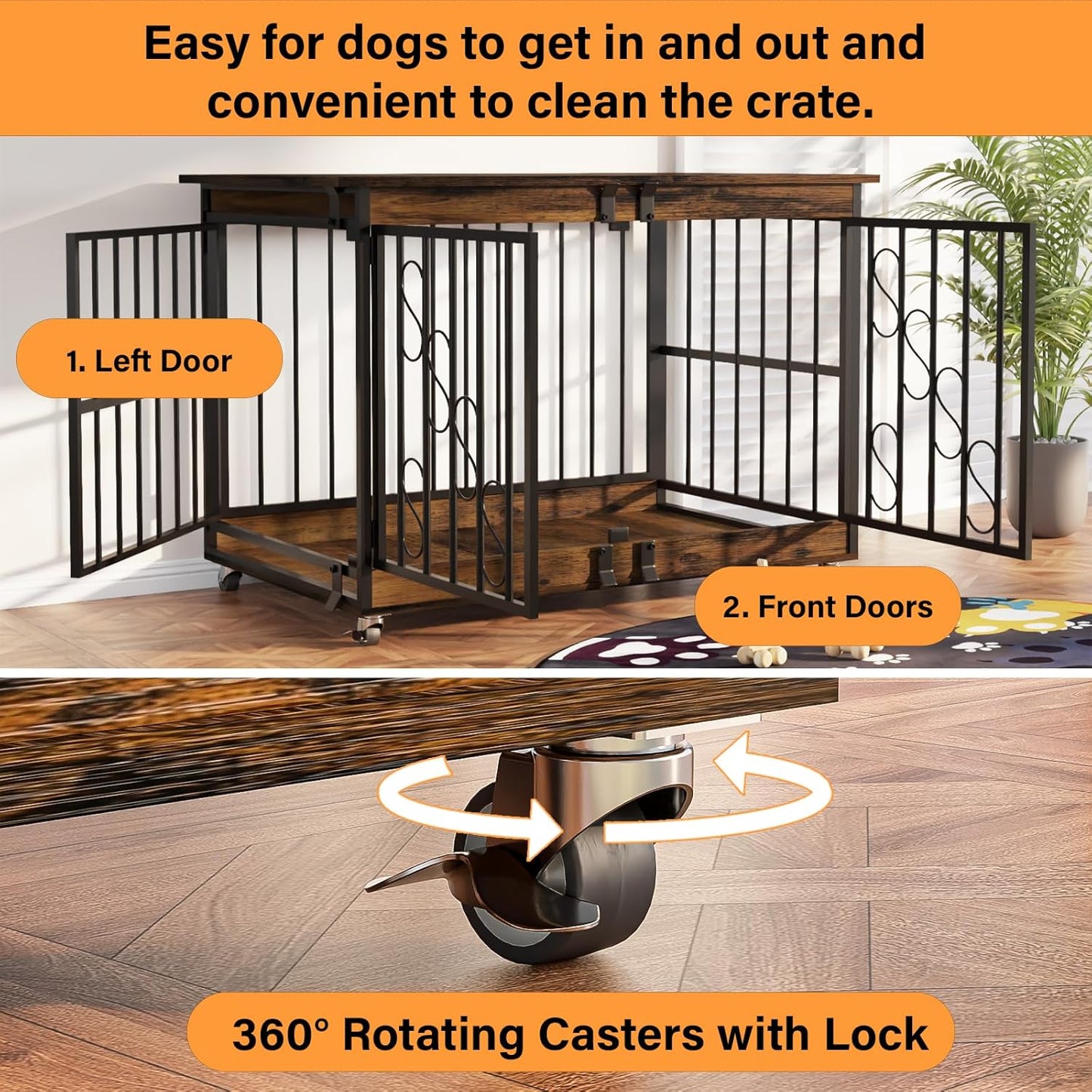COZPAW Dog Crate Furniture, 48 Inch Dog Crates for Medium/Large Breed, Farmhouse Wood Metal Kennel Indoor Heavy Duty Pet Cage with Caster Wheels (Brown)