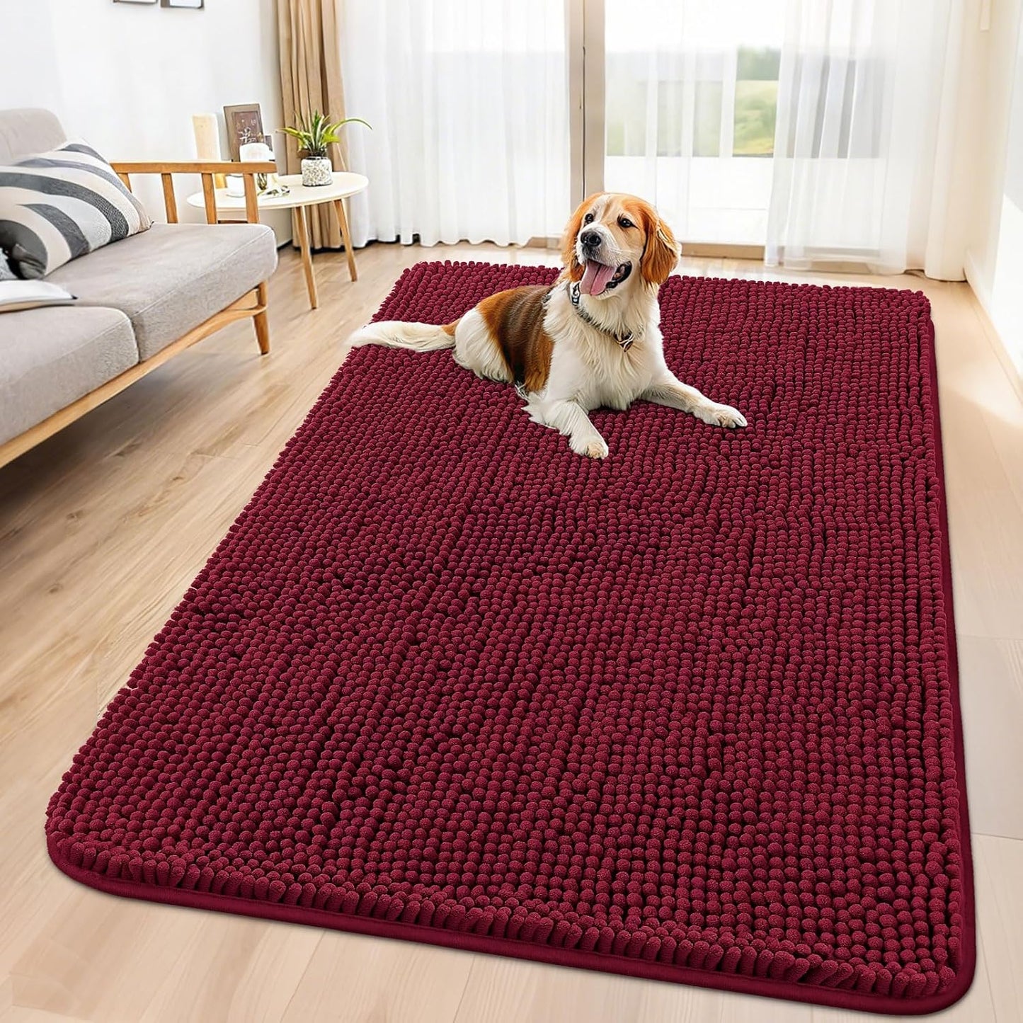 Smiry Dog Door Mat for Muddy Paws 59x35, Absorbs Moisture and Dirt Doormat, Non-Slip Washable Quick Dry Chenille Front Door Mat Indoor Entrance, Entryway Carpet for Inside Floor, Burgundy