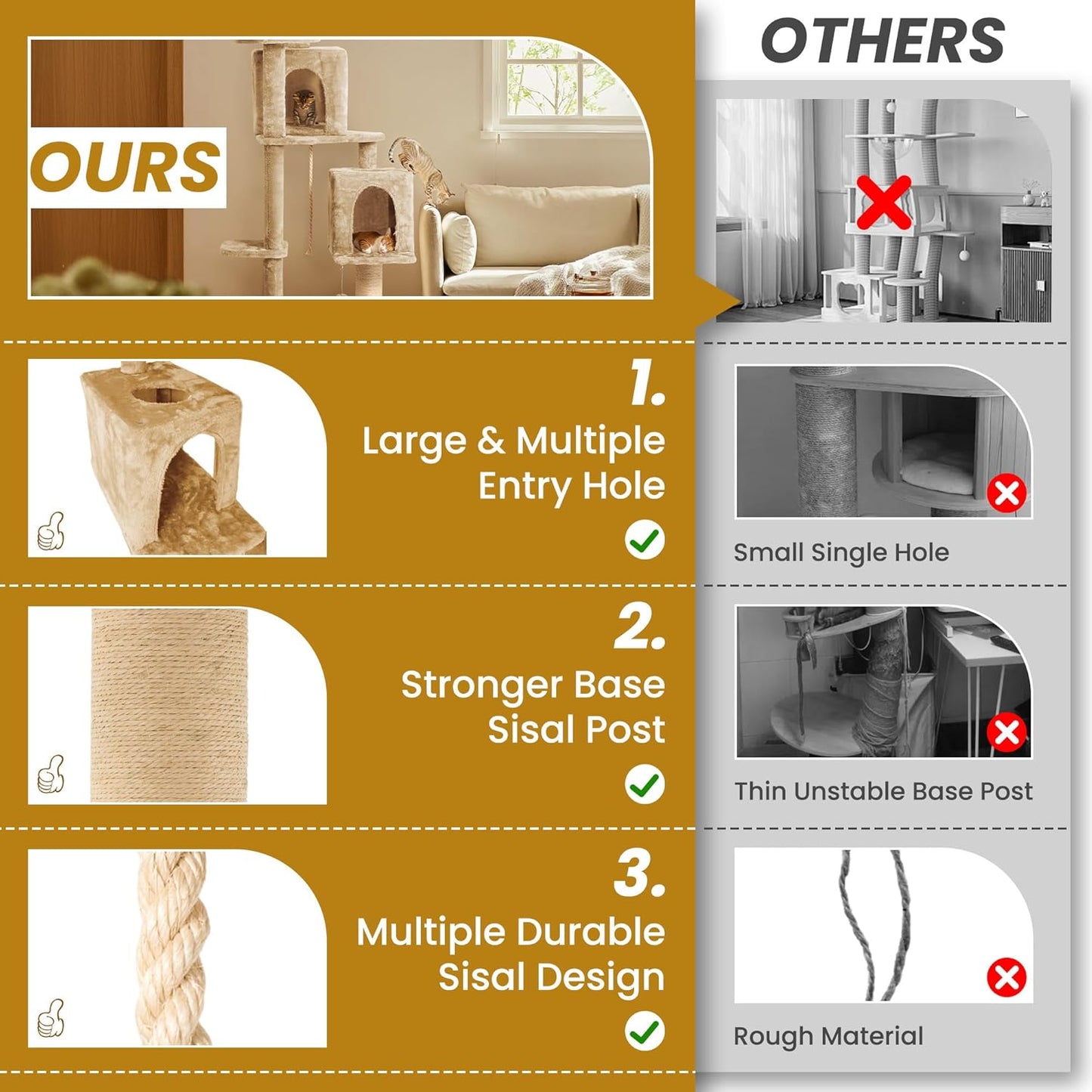 59in Large Cat Tree Tower for Indoor Cats with Soft Plush Hang Ball, Two Condos, Sisal Scratch Posts & Rope Play for Kittens/Adult Cats, New Beige