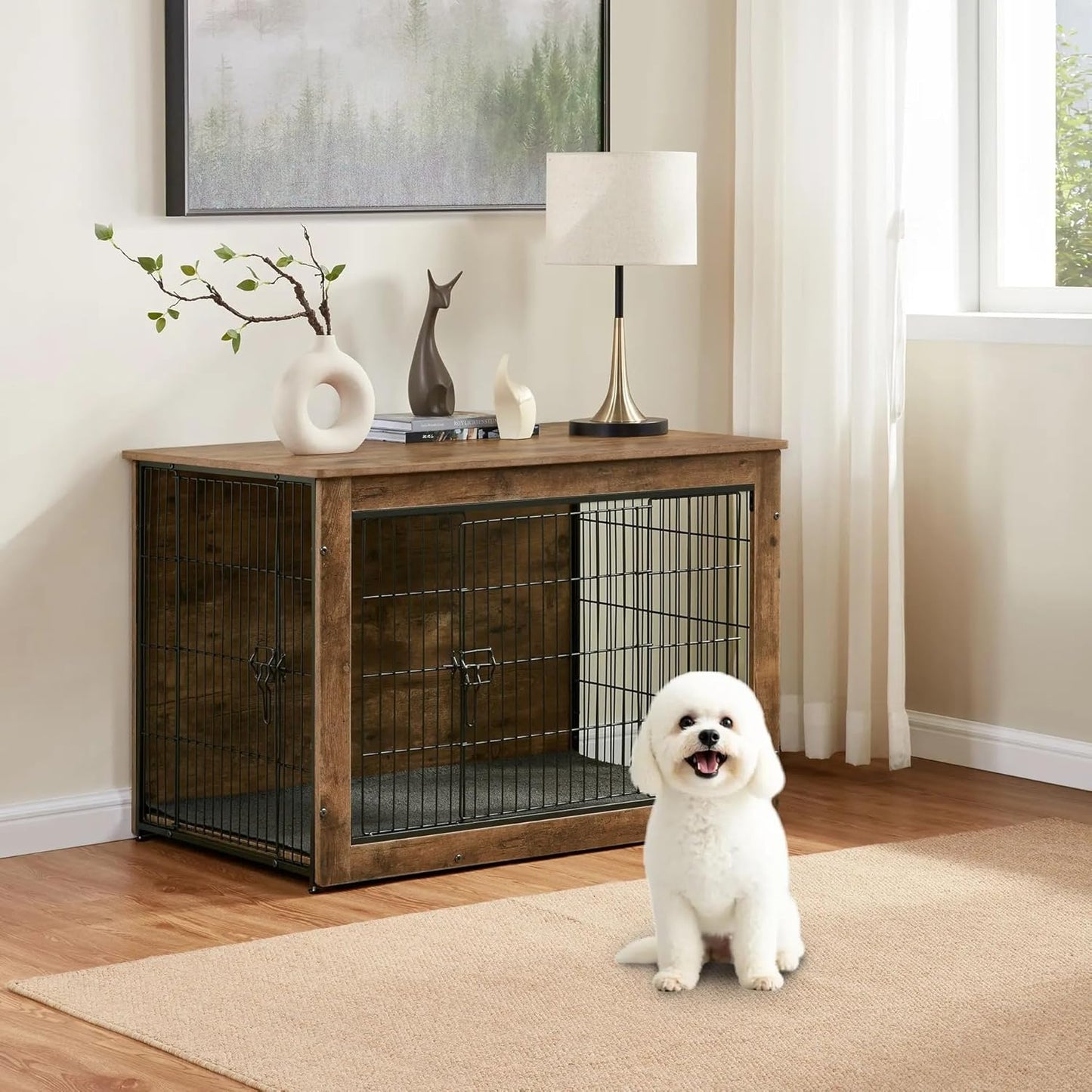 Dog Kennel Furniture, Wooden Dog Crate End Table, Heavy Duty Dog Crate, Decorative Pet Crate Dog Cage for Large Indoor Use (Rustic Brown) 27" L×20" W×23" H