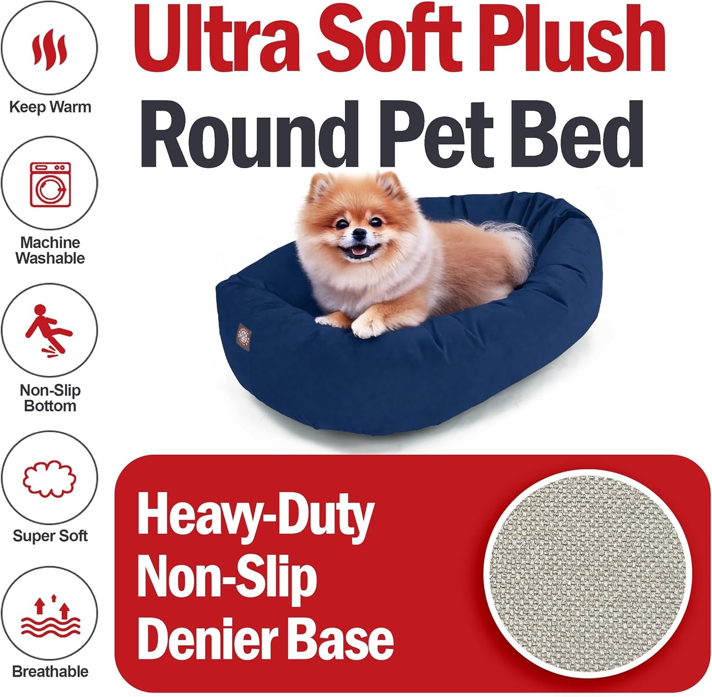 Majestic Pet 24 Inch Suede Shredded Memory Foam Mix Calming Small Dog Bed Washable 24 x 19 x 7 (Inch) - Cozy Soft Round Donut Dog Bed with Spine for Head Support - Pet Bed Navy