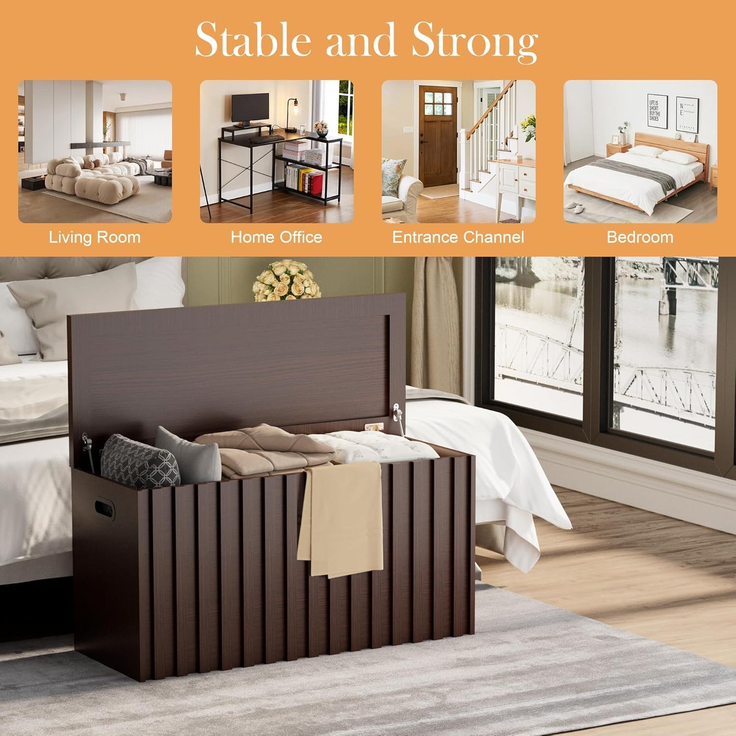 UEV Storage Bench,39.4" Wood Box, Storage Trunk with 2 Safety Hinges, Ottoman Storage Chest, Fluted Storage Bench for Bedroom, Entryway, Living Room (Walnut)