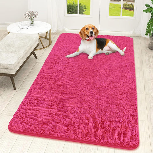 OLANLY Dog Door Mat for Muddy Paws 59x32, Absorbs Moisture and Dirt, Absorbent Non-Slip Washable Doormat, Quick Dry Chenille Mud Mat for Dogs, Entry Indoor Entryway Carpet for Inside Floor, Hot Pink