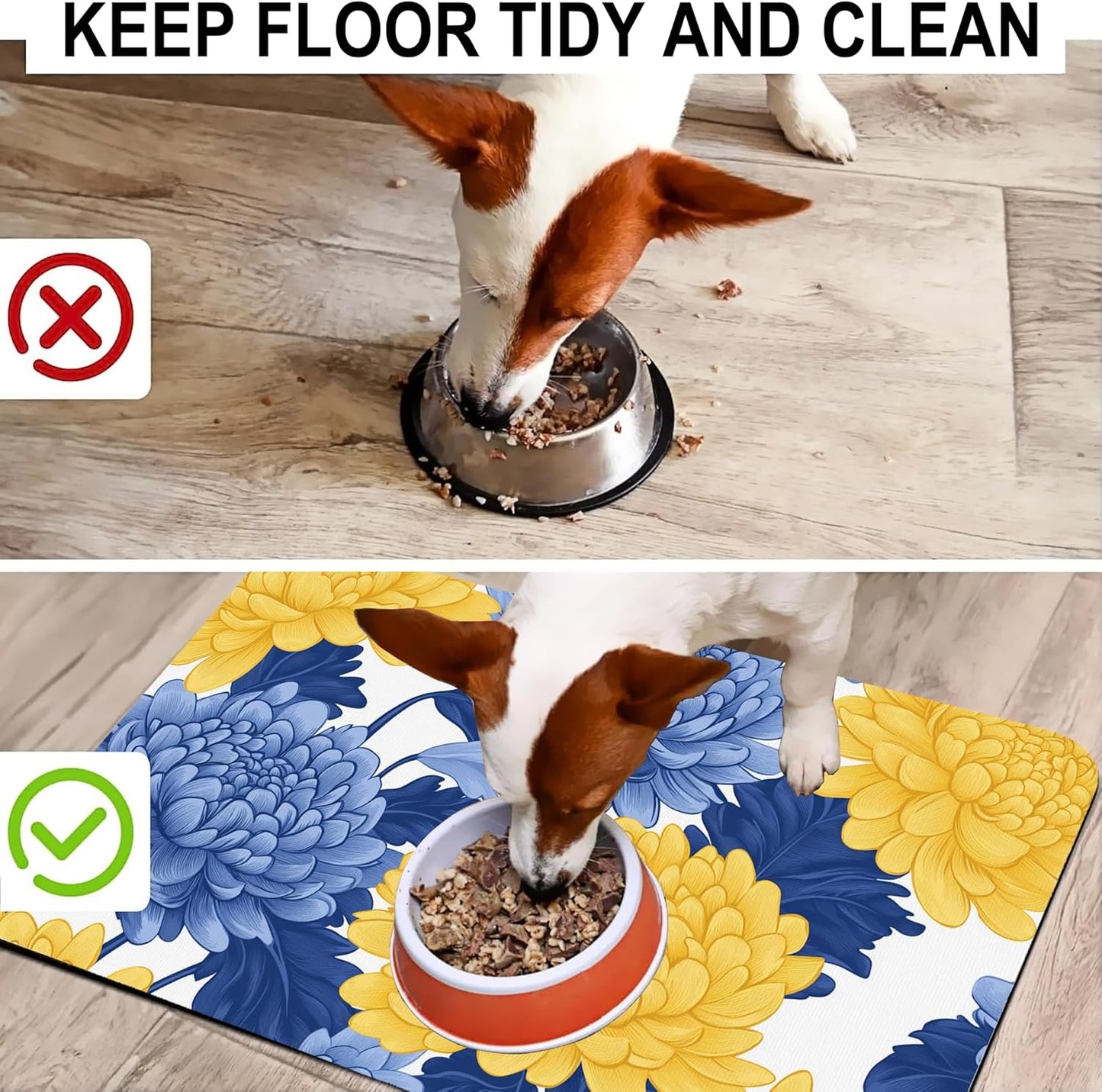 Blue Yellow Flowers Pet Cat Dog Food Mat-Absorbent Quick Dry Feeding Placemat for Water and Food, No Stains Rubber Base Mat for Indoor Use, Pet Accessories 12"x20"