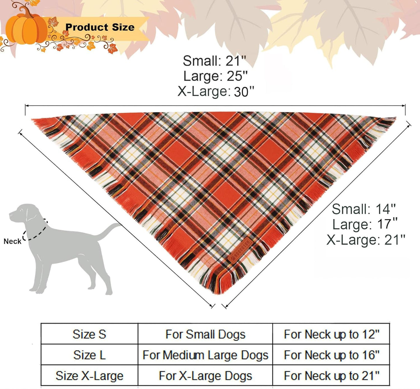 ADOGGYGO Fall Dog Bandana with Tassels Edges, Stylish Orange Plaid Pet Scarf, Multiple Size, Thanksgiving Halloween Fall Bandanas for Medium Large Dogs (Large)