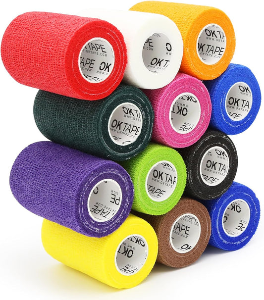 OK TAPE Self Adherent Cohesive Bandages Wrap - 12Packs, 3" x 5 Yards, Non-Woven Self Adhesive Bandage Wrap for Thumb, Finger, Wrist, Ankle, Vet Wrap Bandages Tape (Mixed Colors)