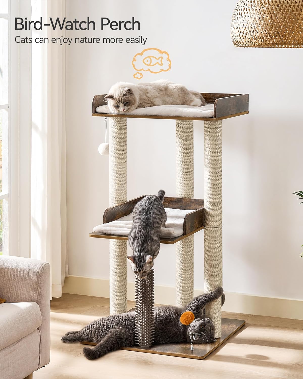 FourFurPets 43.7" Cat Tree, Modern Cat Tree Tower, Cat Tower for Indoor Cats Large Adult, Cat Condo with Scratching Post, Large Perch and Removable Pads,Rustic Brown