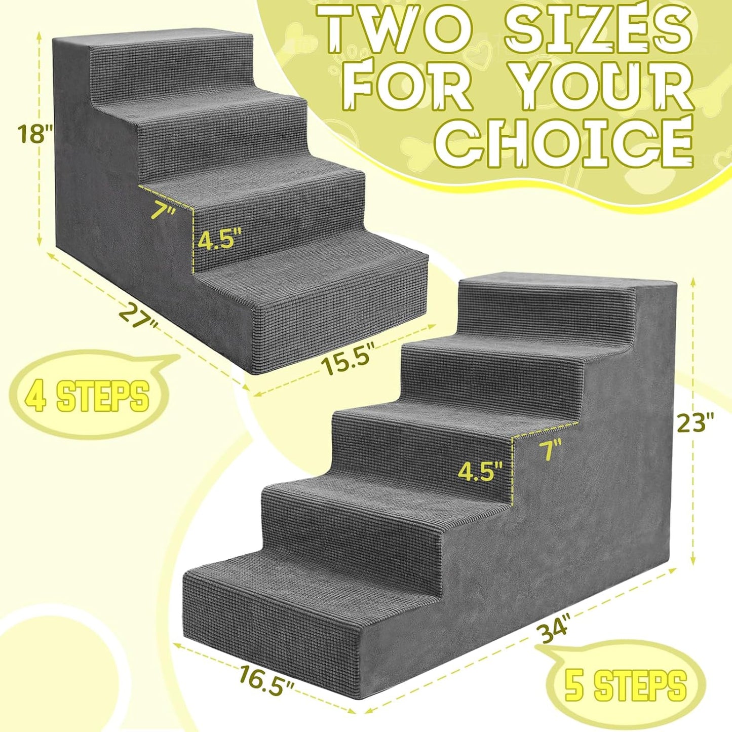 Niubya Dog Stairs for Small Dog and Cats,23”H Non-Slip Bottom Pet Steps for High Beds and Couch,High-Density Foam Pet Stairs Grey,5 Steps