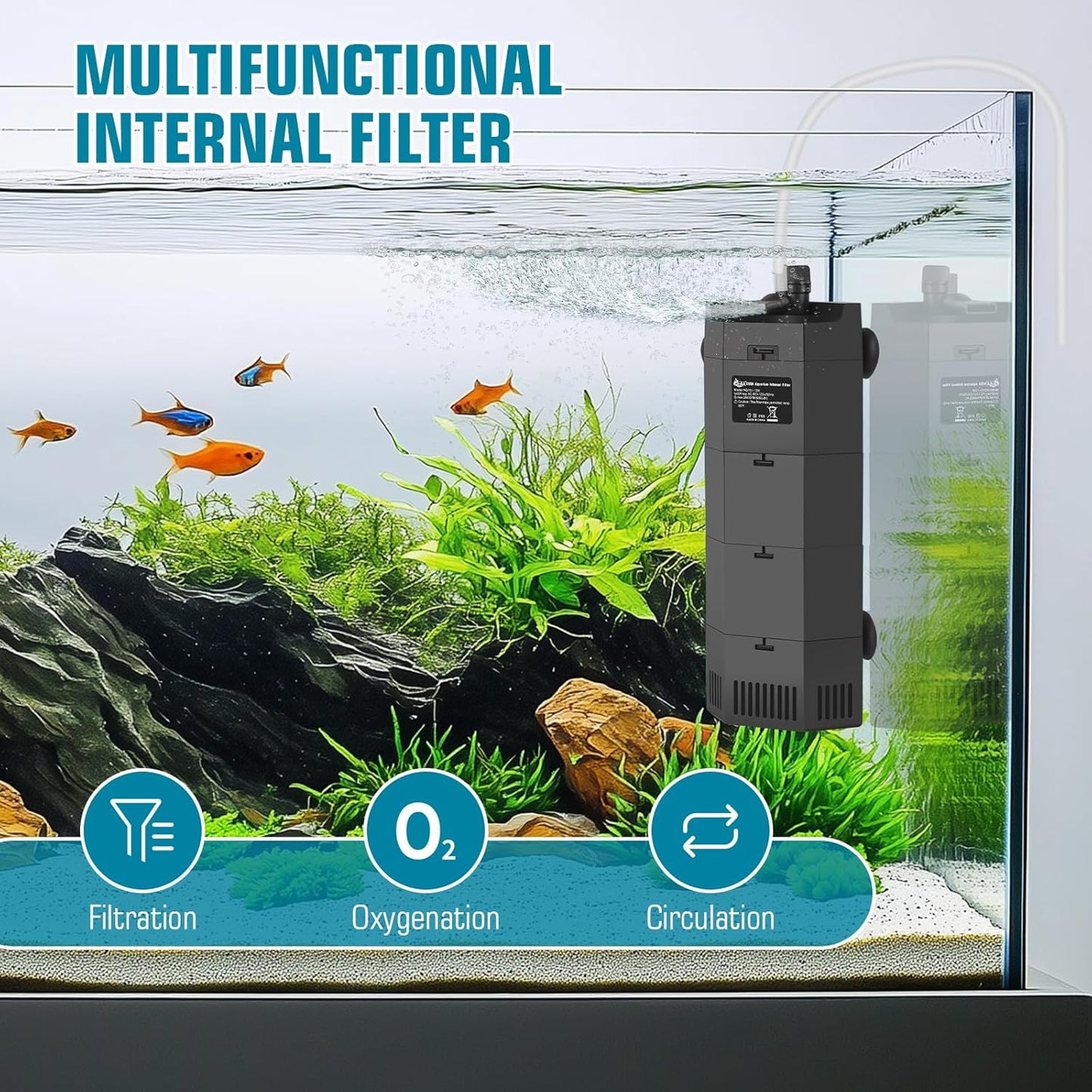AQQA Submersible Aquarium Filter for 50-100Gal Fish Tank Whisper Fish Corner Filters with Adjustable Waterflow for Bio Filtration, Water Circulation and Oxygenation (12W,260GPH)