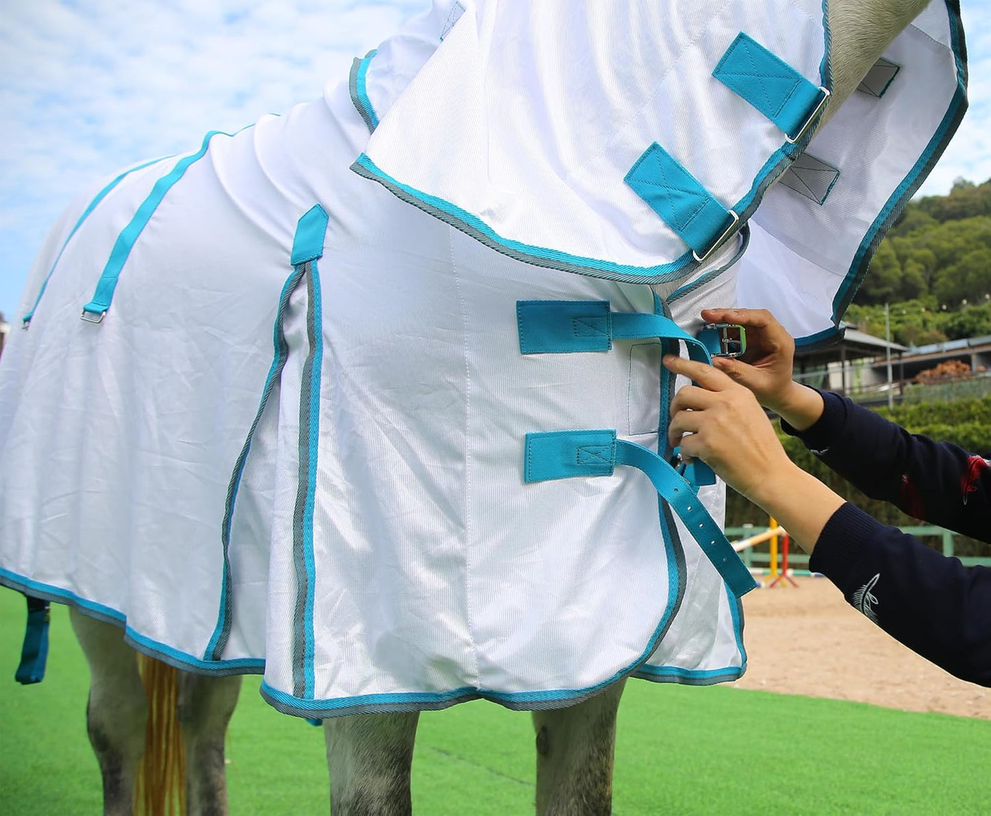 Horse Fly Sheet with Detachable Neck Cover & Belly Wrap, Adjustable Fly Sheet for Horses, Ventilated Airflow Mesh Equine Cooling Summer Flysheet White 66