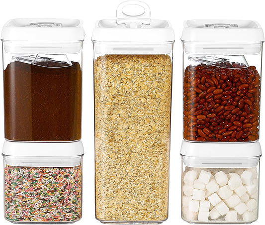 Felli Flip Tite Food Storage Container 5" LARGE 5pk Set + No Residue Label, Airtight Lid Easy Lock Top Stackable, Plastic Canister Jar for Pantry Kitchen Fridge Organizer Pasta Protein Powder Spice
