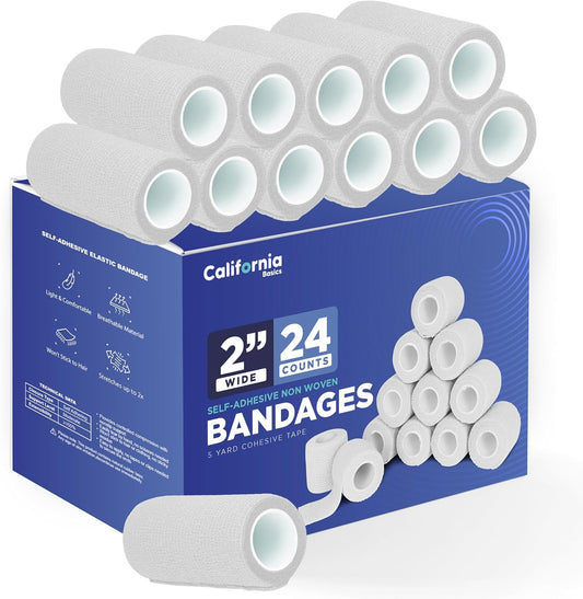 Self-Adhesive Bandage Wrap - Suitable for All Sports - Breathable Athletic Tape for Wrists - Knee and Ankle - Self Adhesive Bandage- 2 Inch- 24 Pack - White