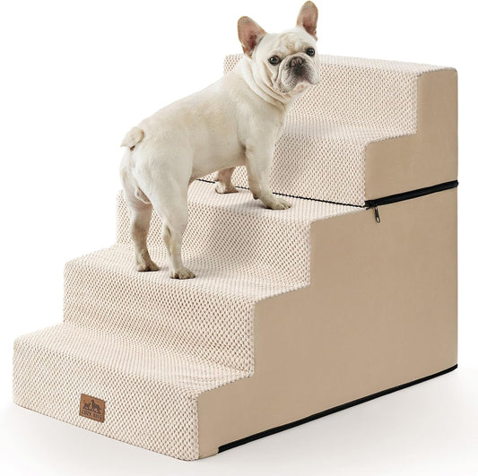 Dog Stairs for Small Dogs, 5 Tier Removable Wider Pet Stairs for Couch and Bed, 23.6" H Non-Slip Dog Steps for Puppies and Old Cats with Support Board, 29.5x19.7x23.6 inch, Beige