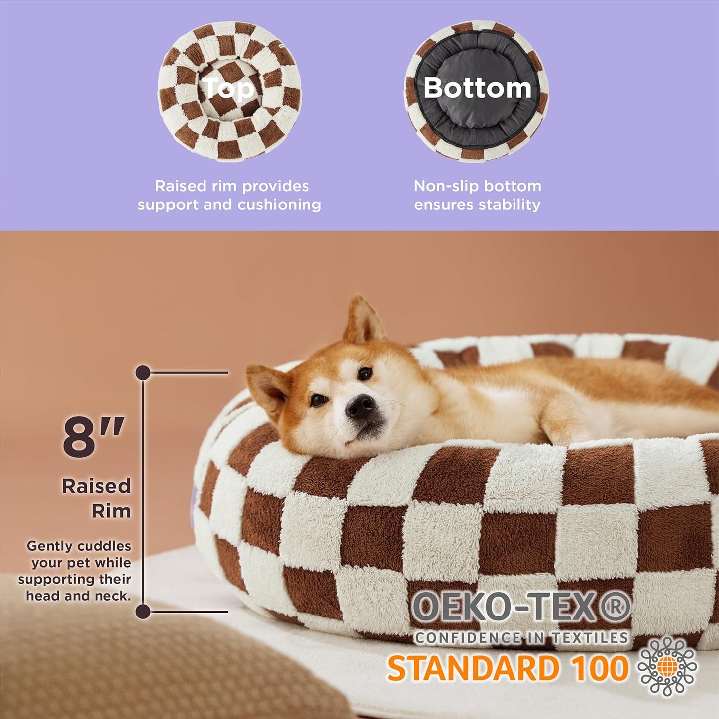 LE SURE Donut Large Dog Bed - Round Cat Beds for Indoor Anti-Anxiety Calming Pet Beds, Washable Cute Modern Beds with Teddy Sherpa Plush & Anti Slip Bottom, 36 Inch, Brown
