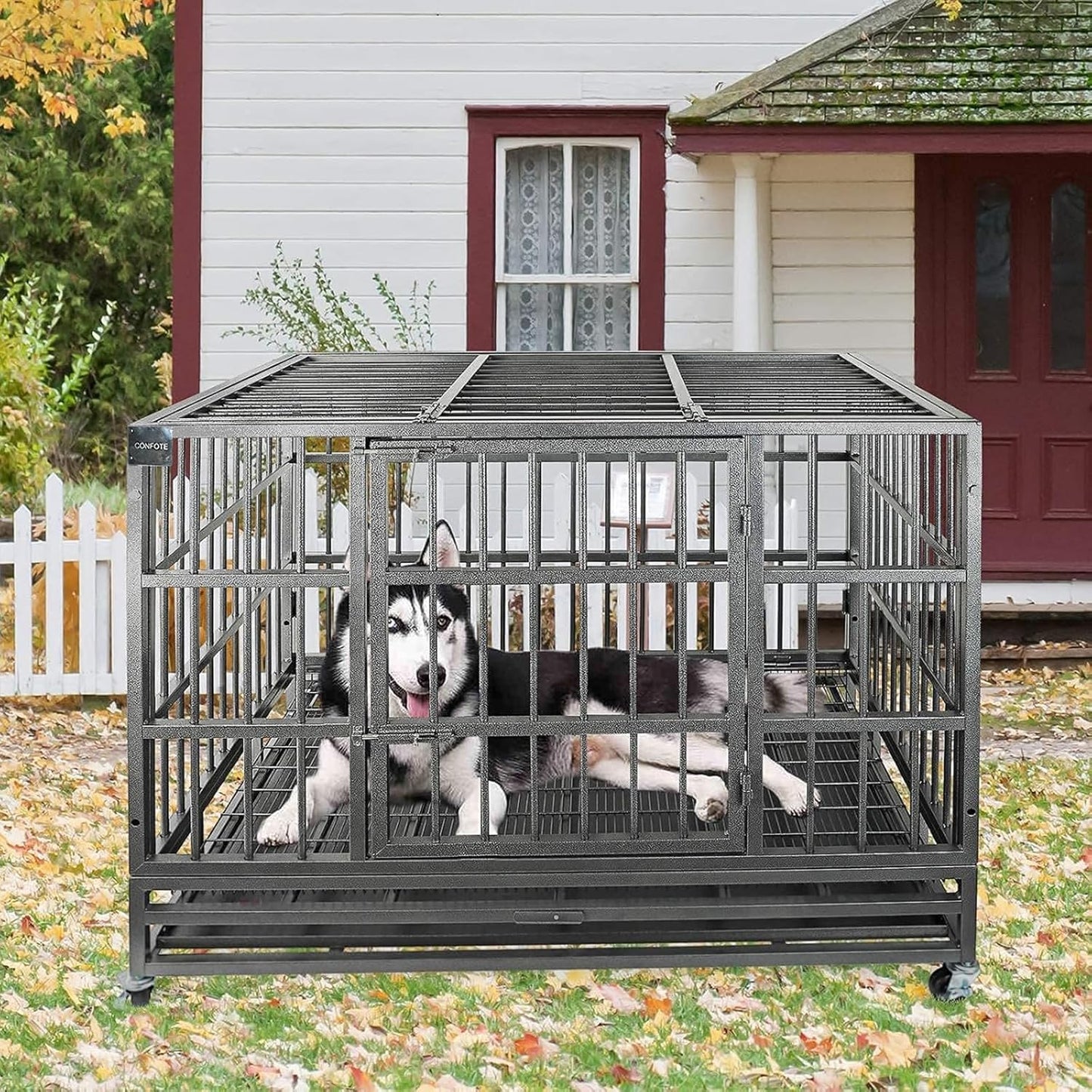 Confote 48" Heavy Dog Duty Cage Metal Indestructible Dog Kennels Crate for Large Dogs with Double Doors & Lockable Wheels