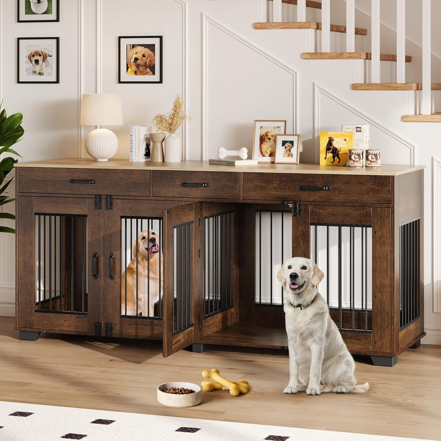 71 Inch Dog Crate Furniture for 2 Rooms, Wooden Double Crate Large Breed with Door, Dog Kennel Indoor, TV Stand End Table with Divider for Large Medium Dogs,Brown