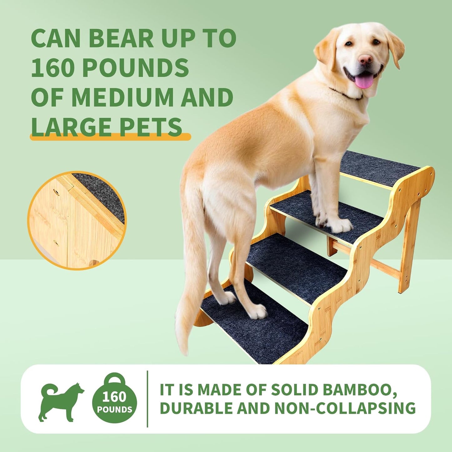 Dog Stairs for Large/Oldder Dogs,4 Steps Bamboo Wooden Pet Ramp for High Beds, Cars & Couch Sofa - Supports Dog Up to 160 LB,20-inches High