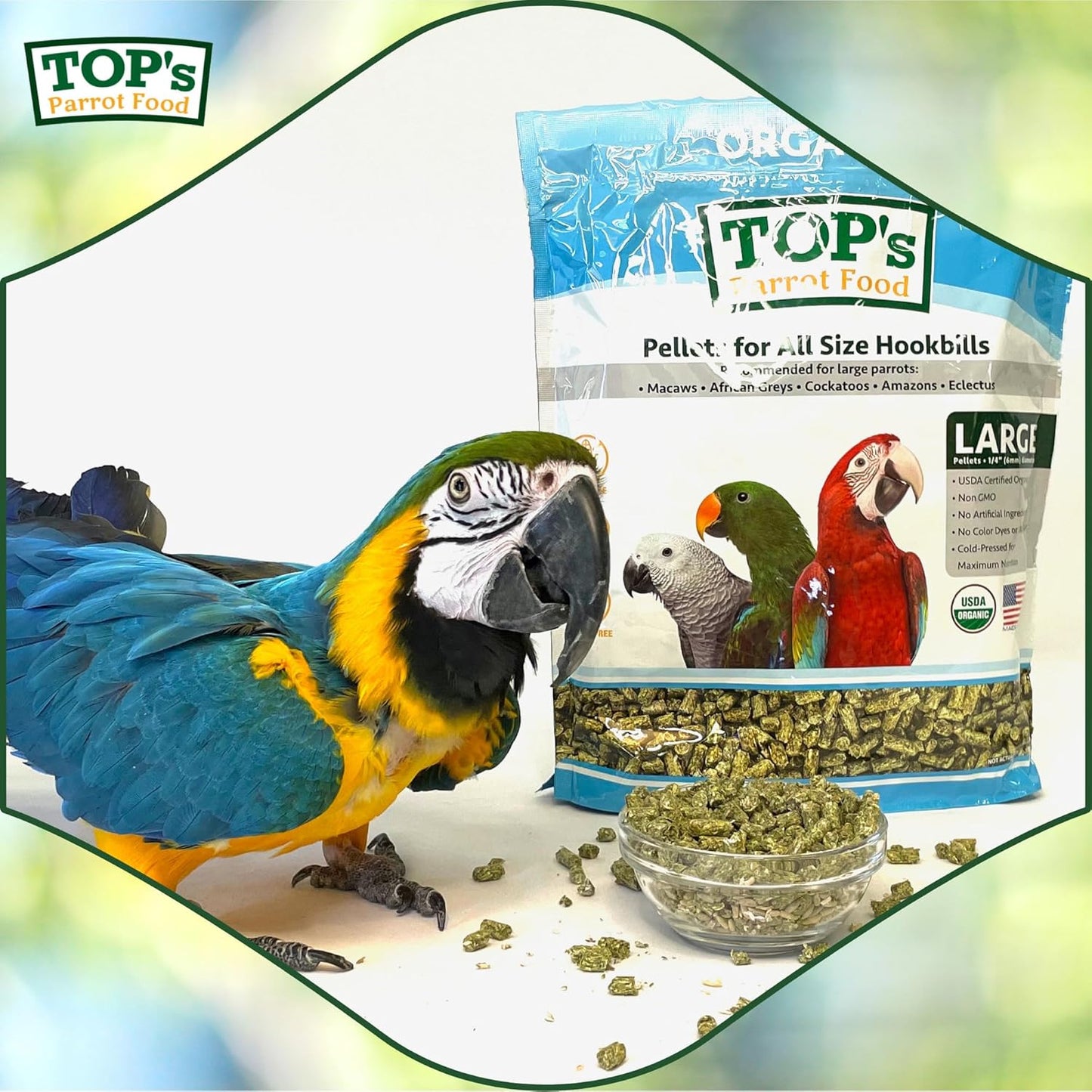 TOP's Parrot Food Pellets Hookbills, Small, Medium and Large Parrots - USDA Organic Certified - 25 lb / 11.33 kg