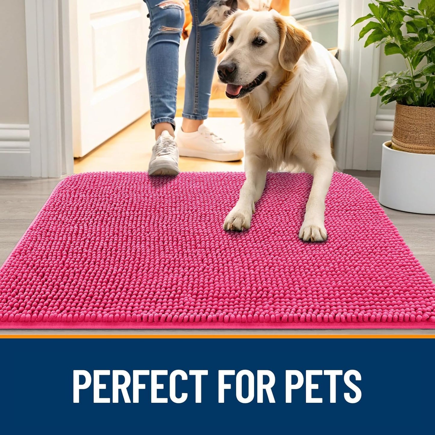 OLANLY Dog Door Mat for Muddy Paws 59x20, Absorbs Moisture and Dirt, Absorbent Non-Slip Washable Doormat, Quick Dry Chenille Mud Mat for Dogs, Entry Indoor Entryway Carpet for Inside Floor, Hot Pink