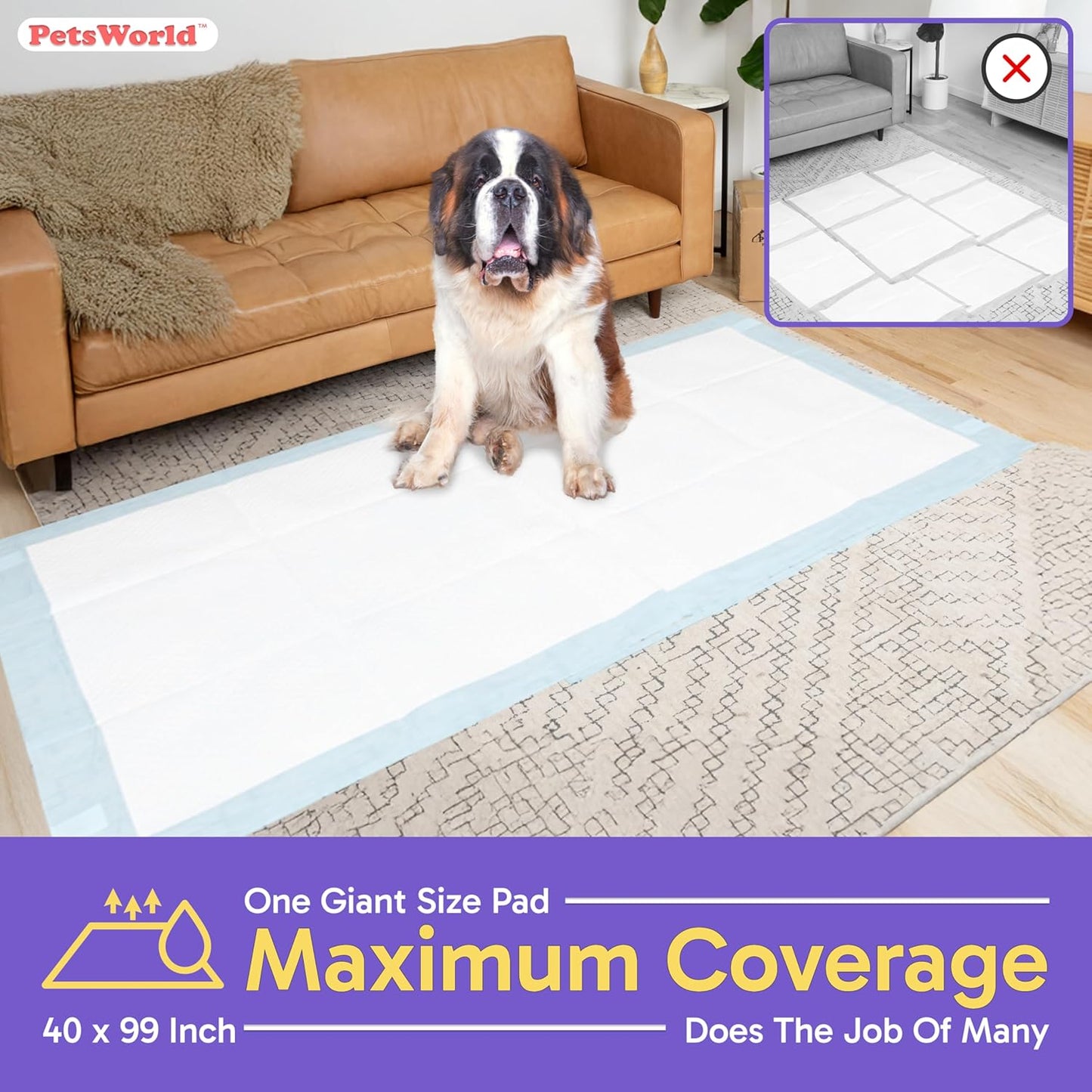 PETSWORLD Mega-Sized Dog Pee Pads (40" x 99") –4XL Gigantic Pet Piddle Pads for Puppy Training, Incontinence–Doggie Absorbent Mat with Adhesive Sticky Tape –Leak Proof, 5-Layer Protection (60 Count)