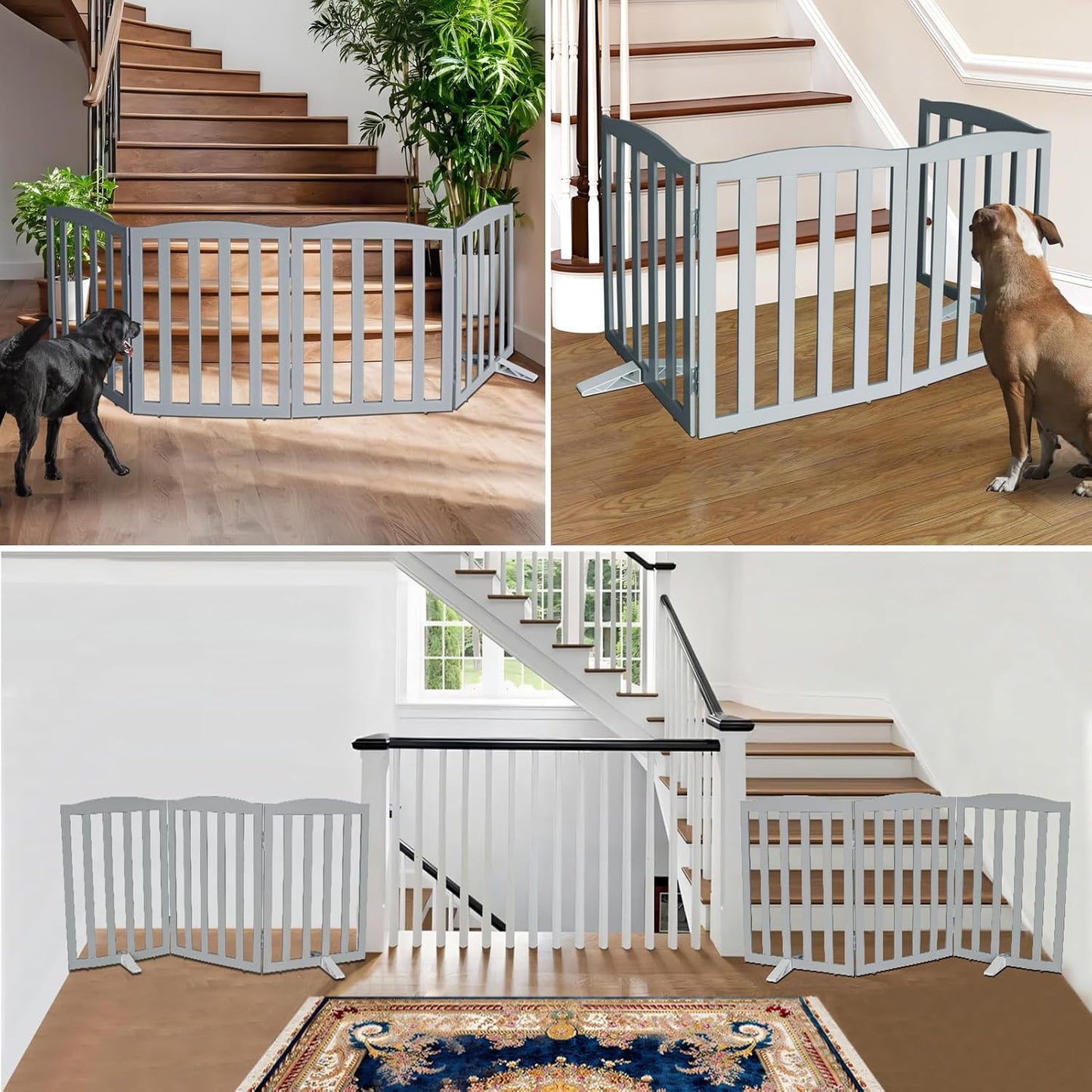 ZJSF Foldable Freestanding Indoor Dog Gate for House Wood Long Pet Gates Dog Fence for Stairs Puppy Gates for Hallways, Puppy Gate,Support Feet Included, Grey, 32 "Height-4 Panels