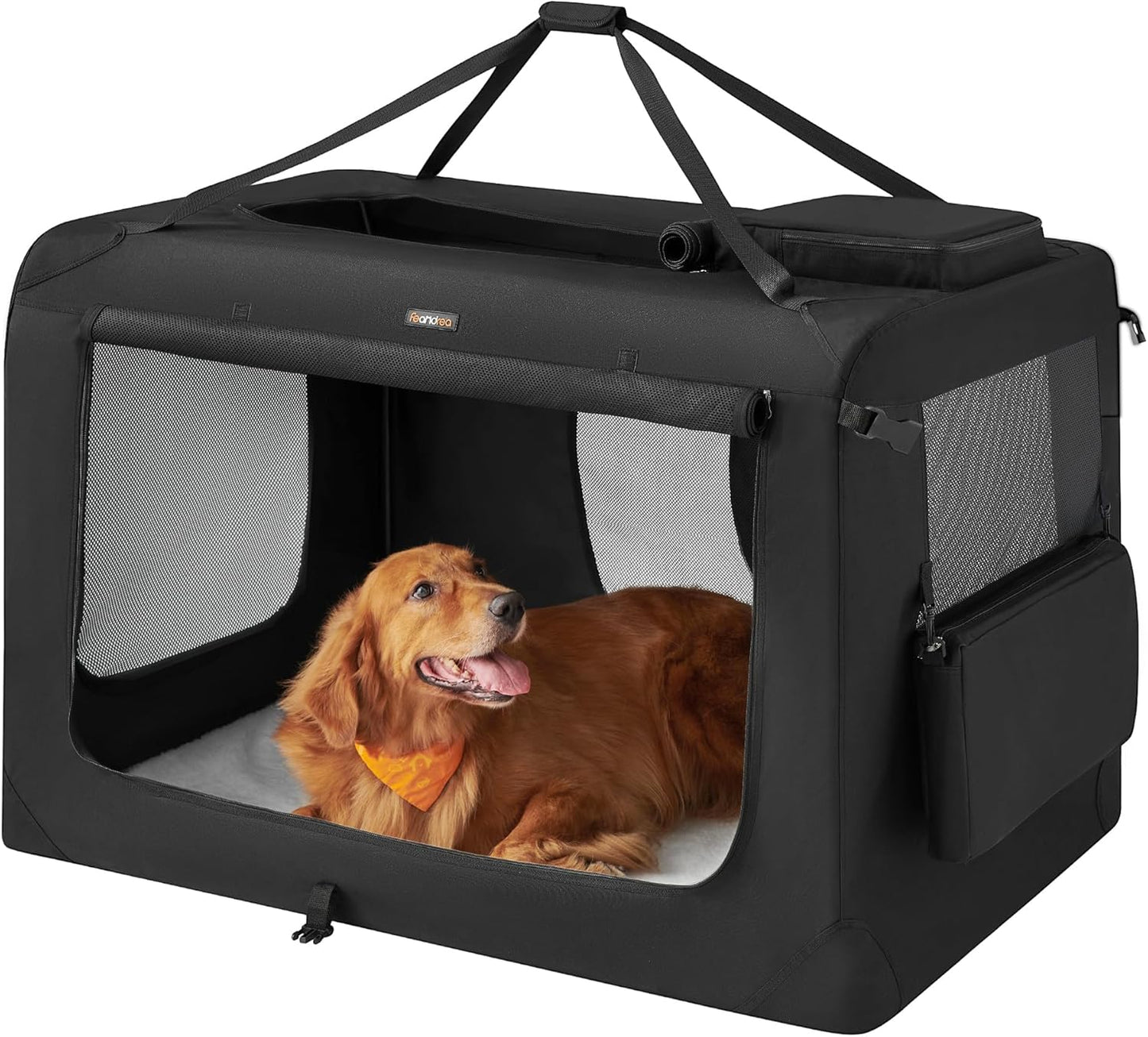 Feandrea 48 Inches Collapsible Soft Dog Crate, Portable Travel Dog Crate for Indoor and Outdoor Use, Dog Carrier Kennel with Safety Zippers, for Living Room, Car, Travelling, Camping, Black UPDC12H