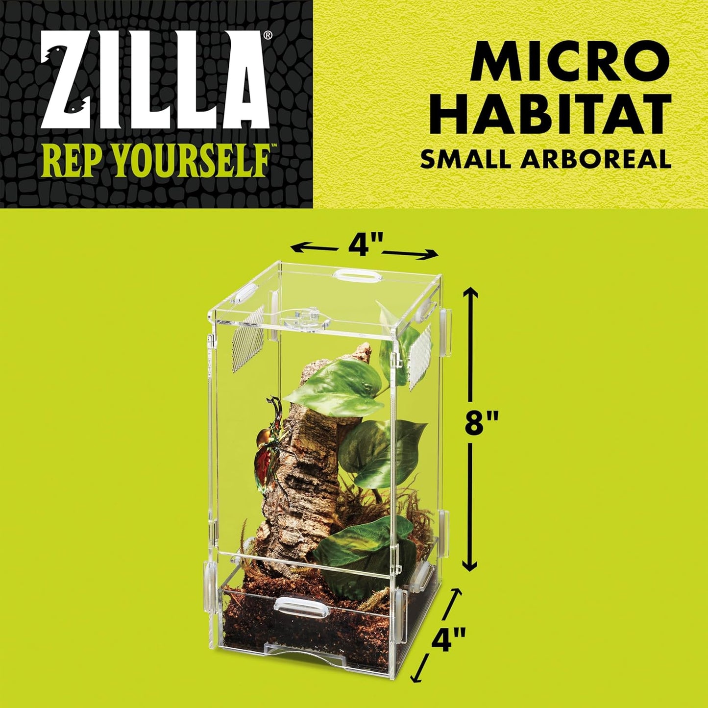Zilla Micro Habitat Terrarium, Arboreal, with Locking Latch, for Isopods, Spiders, Insects, Small