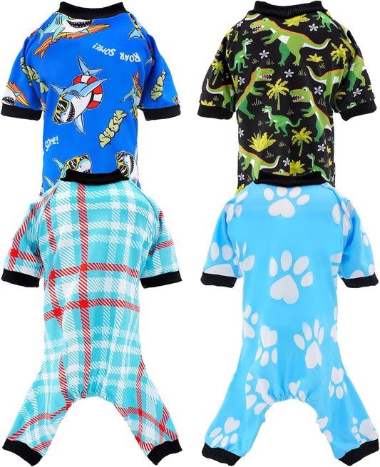 PET SHOW 4 Pack Dog Pajamas Dinosaur Shark for Extra Large Dogs Boy Soft Stretchy PJs Plaid Jumpsuit Dog Paw Onesies Outfits with Sleeve Pets Breathable Summer Clothes Costume XXXL