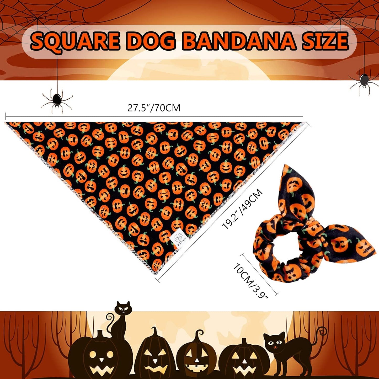 E-Clover Halloween Dog Bandanas & Matching Scrunchie Set Pumpkin Dog Scarf Kerchiefs Pet Outfit for Medium Large Dogs Owner Mom Orange Black Fall
