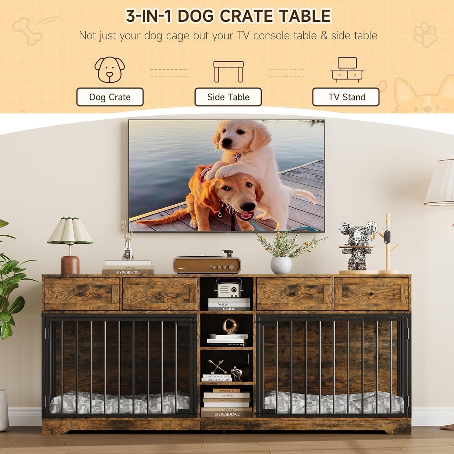 GarveeHome 82” Double Dog Crate Furniture, Large Dog Kennel Indoor for 2 Dogs, Heavy Duty Wooden Dog Crate TV Stand with 4 Drawers and Shelves, Brown